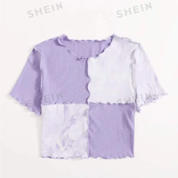 Small SHEIN EZwear Tie Dye Purple Color Block Panel Seam Front Crop Tee - Picture 3 of 7